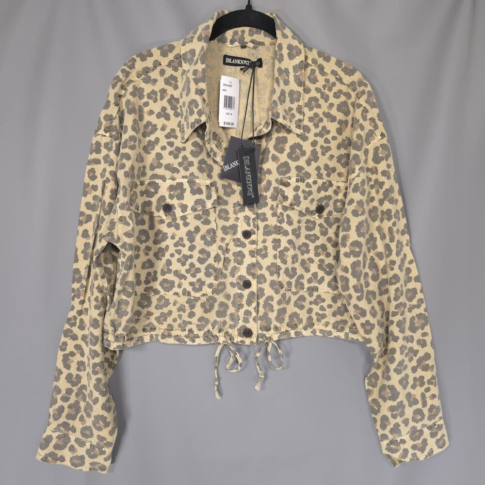 ANTHROPOLOGIE BLANKNYC New Women's LARGE Crop Shirt Jacket Linen Blend Leopard